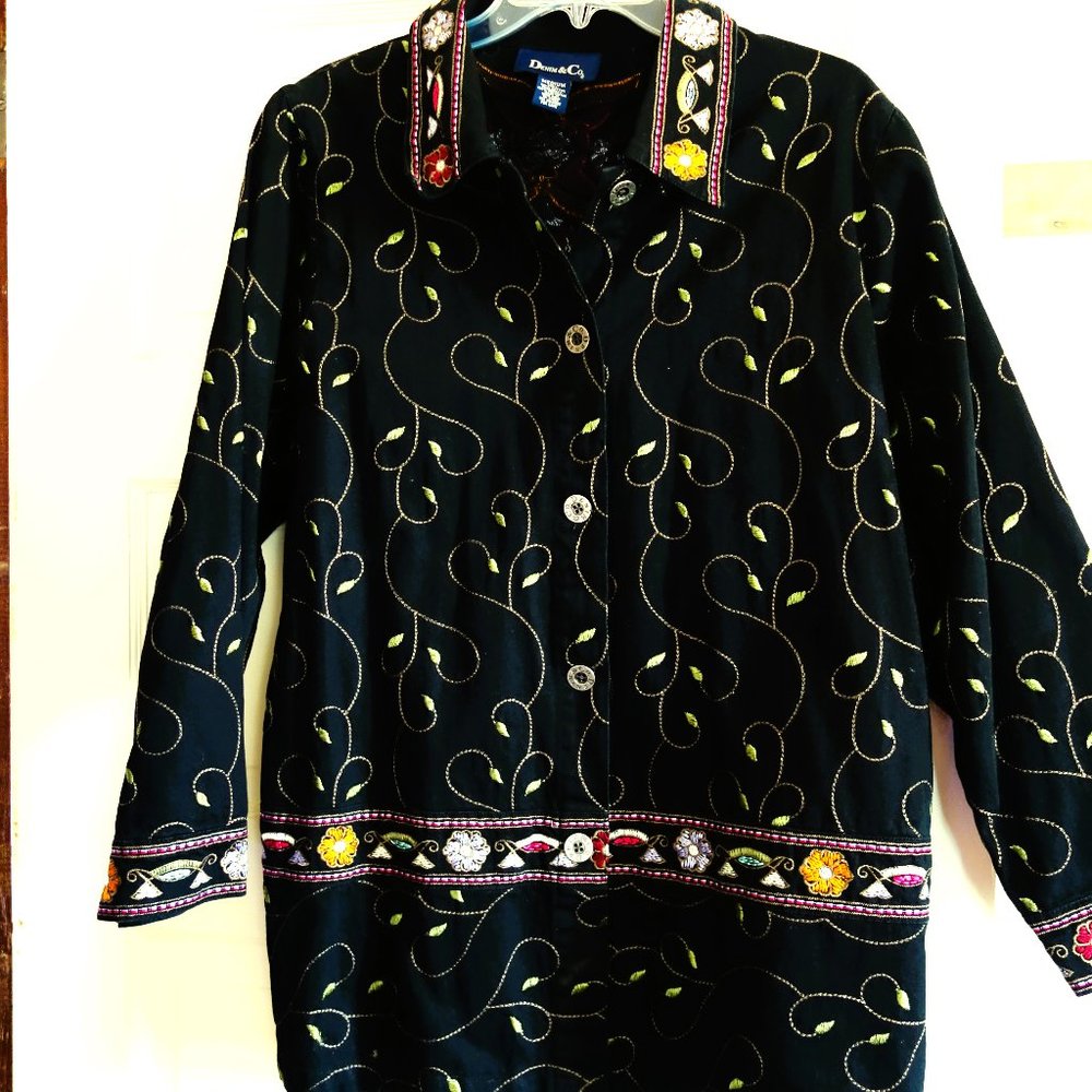 Denim & Co Black Vine Embroidered (Multi-Colored) Denim Jacket size M